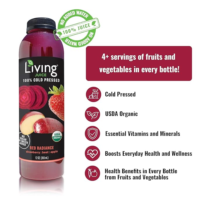 O2 Living Juice Cold Pressed Drink - Red Radiance Organic Juice Variety Pack - No Added Sugars or Water Naturally Sweetened from Fruits Rich in Nutrients &amp Vitamins - 12oz (6-Pack) + 4oz (5-Pack