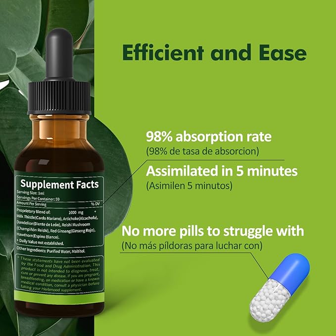 Milk Thistle Liver Detox Drops Cardo Mariano (con Silimarina) y Diente de León para el Hígado Graso Liver Support Supplement w/Artichoke &amp Dandelion Extract for Liver Cleanse &amp Repair. 2oz