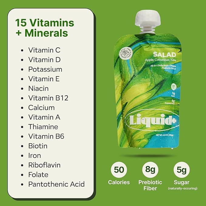 Liquid Salad High Fiber Veggie Pouches by Liquid Plus Convenient Greens Smoothie with Prebiotic Fiber Superfoods Veggies and Fruits Healthy Vegan and Gluten Free Snacks with 15 Vitamins &amp Mine