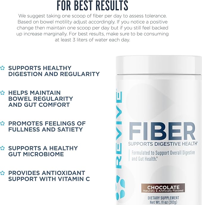 Revive MD Fiber Supplement for Digestive &amp Gut Health - 5g of Dietary Fiber Supports a Healthy Digestive System with Psyllium Husk &amp More - (Chocolate 30 Servings)