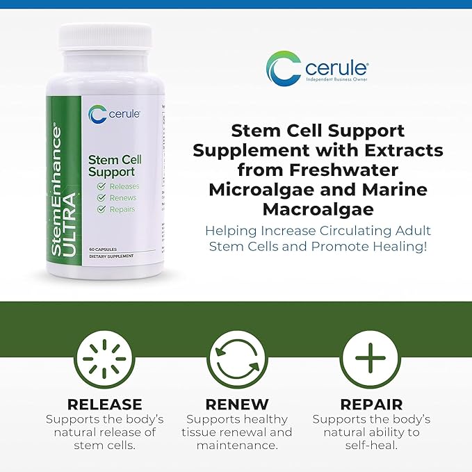Cerule StemEnhance Ultra 2 Pack –Natural Stem Cell Support Supplement for Cellular Renewal Immune Function Energy and Recovery–Freshwater Microalgae &amp Marine Macroalgae Extracts– 120 Capsules T
