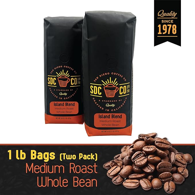 San Diego Coffee Island Blend Medium Roast Whole Bean Coffee 16-Ounce Bags (Pack of 2) Café en grano tostado