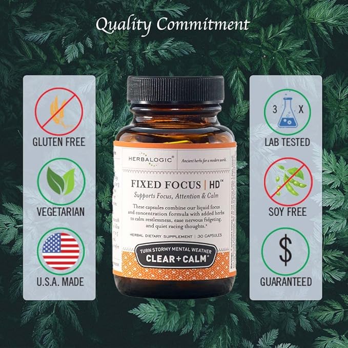 Herbalogic - Fixed Focus HD Herb Capsules - Supports Calm Attention &amp Sustained Mental Focus - Contains White Tea a Naturally Balanced Source of L-Theanine &amp Caffeine - 90 Cap Count