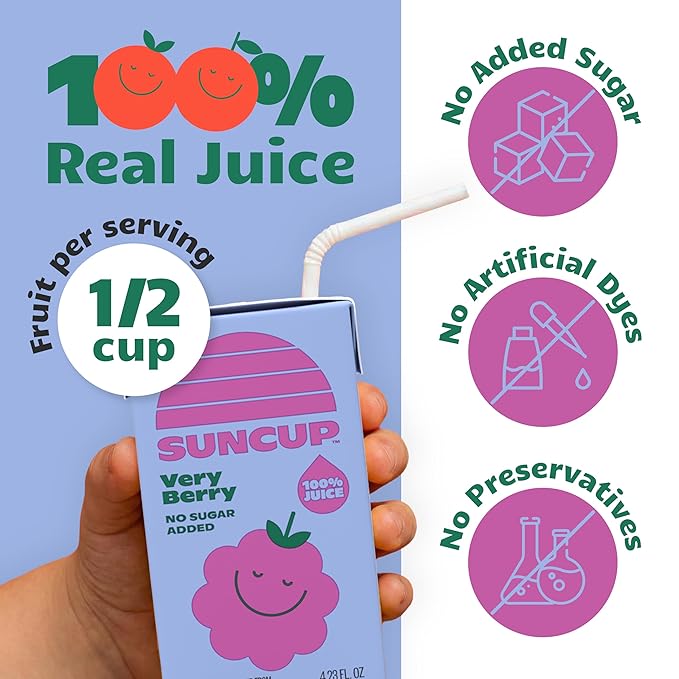 SunCup 100% Juice Boxes for Kids | No Added Sugar No Dyes No Preservatives | Trusted in Schools Across 49 States | Bulk Pack with Straw | 4.23 oz (40 Pack) Very Berry