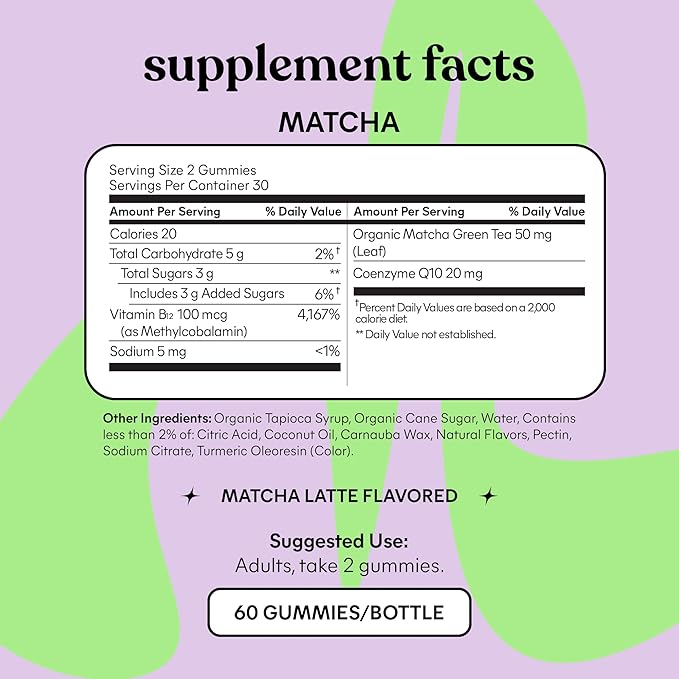 Lemme Matcha Superfood Energy Gummies with Organic Matcha Green Tea Vitamin B12 and Antioxidant Coenzyme Q10 to Support Cellular Energy Metabolism &amp Healthy Skin - Gluten Free Non GMO (60 Count