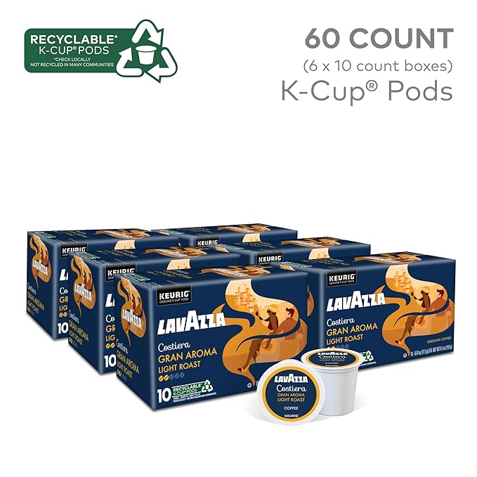 Lavazza Costiera Gran Aroma Single-Serve Keurig K-Cup Pods Light Roast Coffee 60-Count Box (6 Packs of 10)