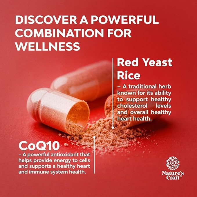 Red Yeast Rice with CoQ10 Supplement - Advanced Healthy Heart &amp Healthy Cholesterol Levels Formula for Men &amp Women - Extra Strength Capsule with Red Yeast Rice 1200 mg Capsules with CoQ10 - 12