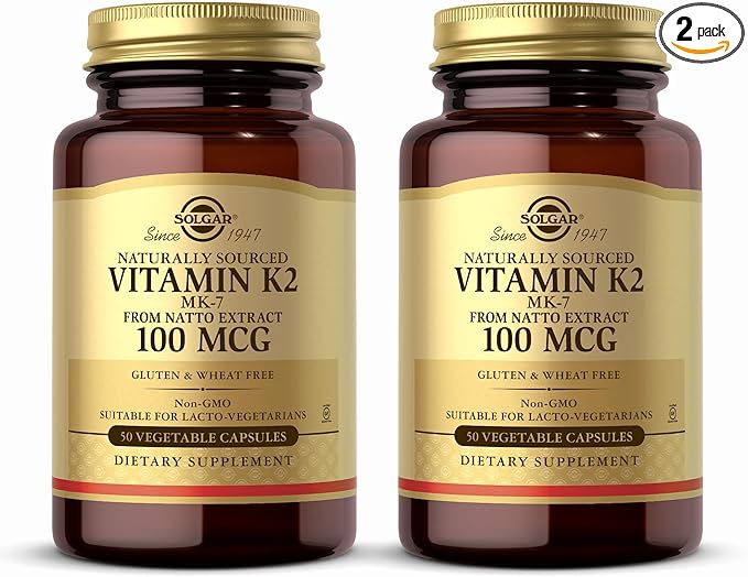 Solgar Naturally Sourced Vitamin K2 (MK-7) 100 mcg - 50 Vegetable Capsules Pack of 2 - Supports Bone Health - Whole Food Source from Natto Extract - Non-GMO Gluten Free - 100 Total Servings
