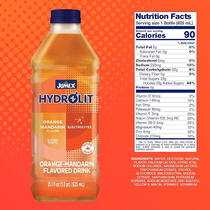 Jumex Hydrolit Quick Rehydration and Recovery Beverage Natural Orange-Mandarin Flavor 21.1 fl oz BPA-free Bottle 12-Pack