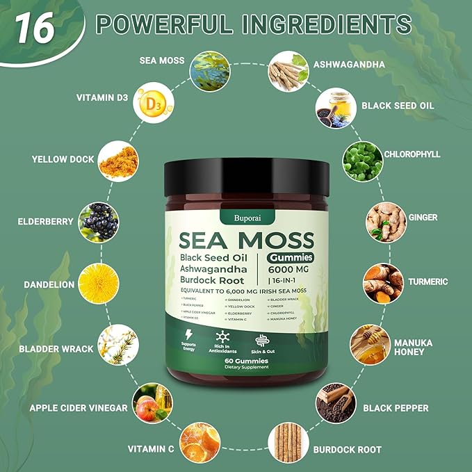 Sea Moss Gummies 16-1 Black Seed Oil Ashwagandha Turmeric Bladder Wrack Vitamin C Vitamin D3 Elderberry Manuka Dandelion Yellow Dock Apple Cider Vinegar for Men &amp Women