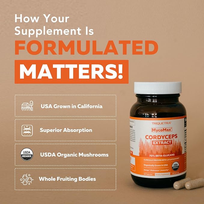 Organic Cordyceps Mushroom Extract - 70% Beta Glucans - Highest Active Nutrient Levels Max Potency Cordyceps Capsules US Grown + Ultrasonic Extraction - Performance Immunity &amp Energy - 60 Capsu