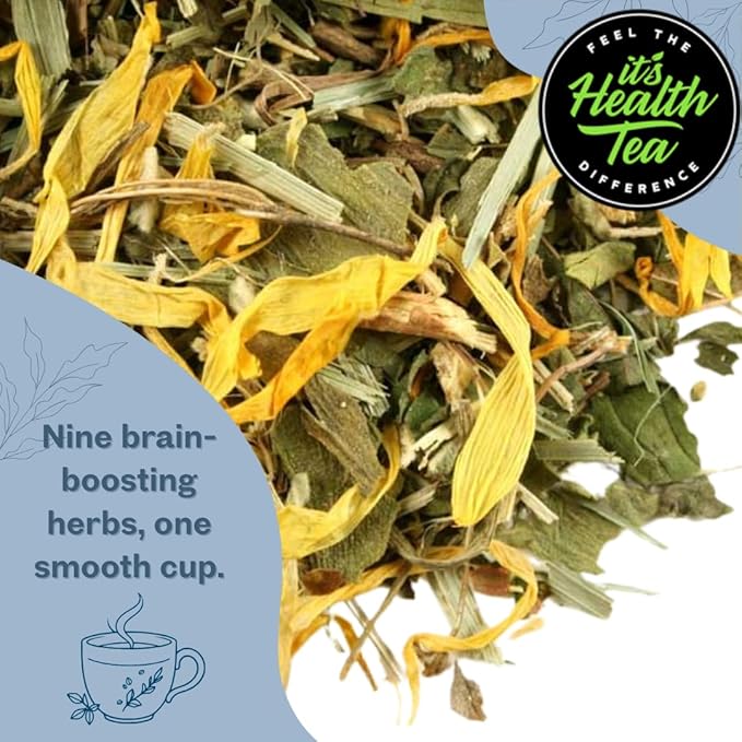 Memory &amp Focus Tea Blend: Gotu Kola Eleuthero Root Ginkgo Ho Shou Wu Peppermint Damiana Calendula Lemongrass Licorice Loose Leaf 3oz for Clarity &amp Focus Support