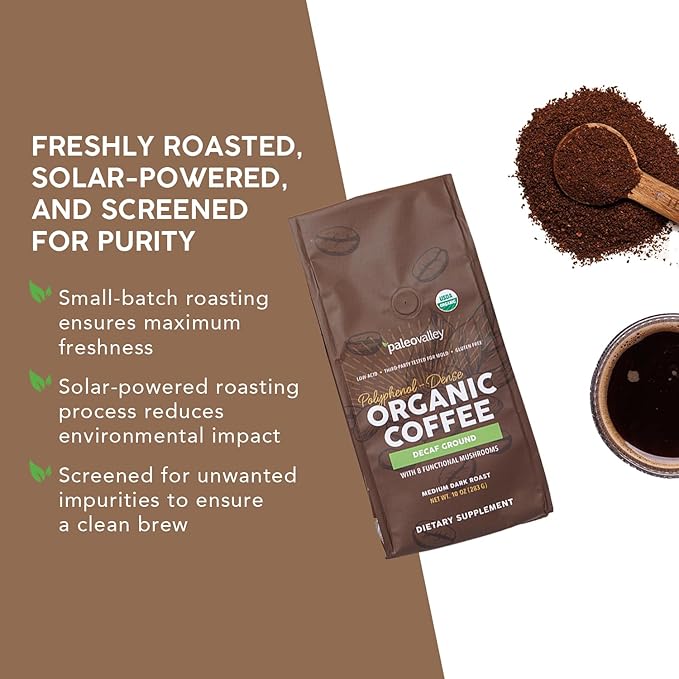 Paleovalley Organic Ground Coffee 10oz - Decaf Low Acid Single-Origin Polyphenol-Rich Infused with Mushrooms