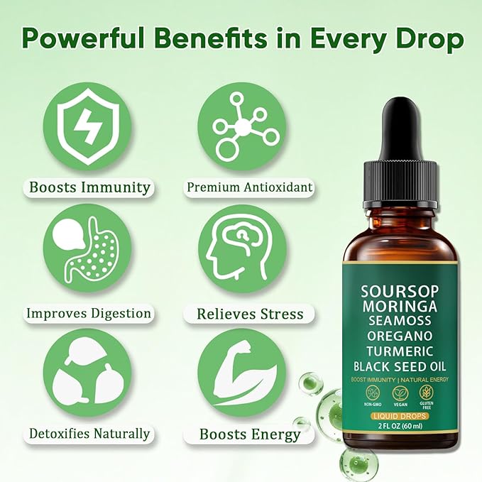 QIZFYZZ Liquid Drops - Soursop Bitters Liquid with Sea Moss Moringa &amp Turmeric Extract Immune Support and Overall Health Vegan Non-GMO | 2 Fl Oz