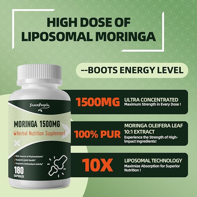 GREENPEOPLE Whole-Leaf Moringa Capsules 1500mg - High Potency 10:1 Moringa Oleifera Leaf Extract - Natural Green Superfood for Energy &amp Immune Support - Vegan Non-GMO Caffeine Free-180 Count-2 P