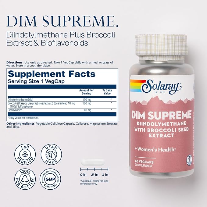 SOLARAY DIM Supreme - DIM Supplement 100mg - Diindolylmethane DIM Complex with Broccoli Seed Extract and Bioflavonoids - Women's Health and Balance Support - 60-Day Guarantee - 60 Servings 60 VegCaps