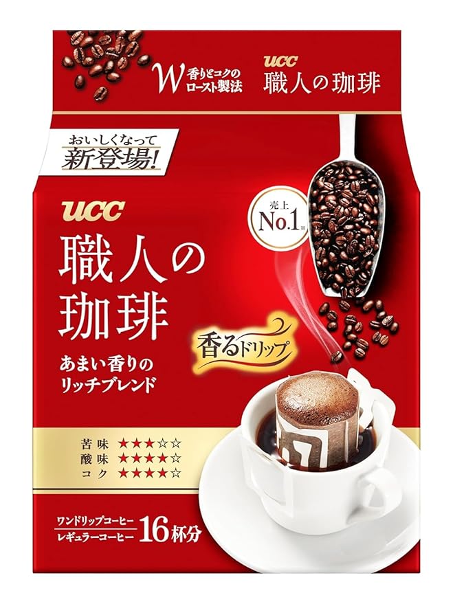 UCC Shokunin Coffee Rich Blend Single Serve Japanese Style Pour Over Coffee Imported from Japan 16 Individual Bags 0.25 Oz (7g) per bag Sun-Dried Beans Artisan Crafted Each Bag Makes 5 oz Cup