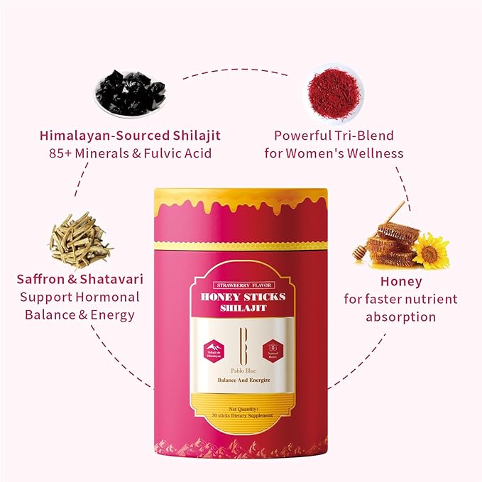 Pablo Blue SHE-Lajit Honey Sticks for Women | Shilajit Sticks with Shatavari &amp Saffron for Hormonal Balance Energy &amp Vitality | Strawberry Flavor | 75%+ Fulvic Acid &amp 85+ Minerals |30 Pac