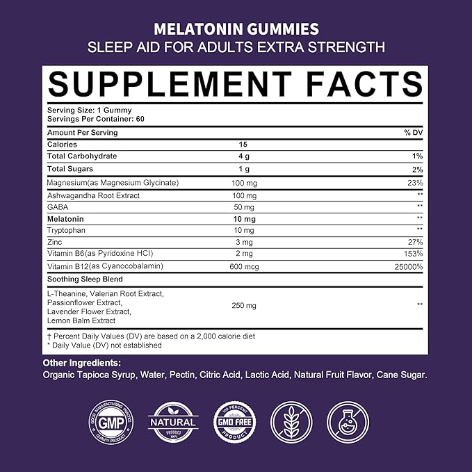 Melatonin Gummies 10mg 20mg for Adults Melatonin 10 mg per Gummy with Ashwagandha Magnesium Glycinate GABA L-theanine Valerian Root and Lemon Balm Rest Support Supplement Grape Flavor 60 Cts