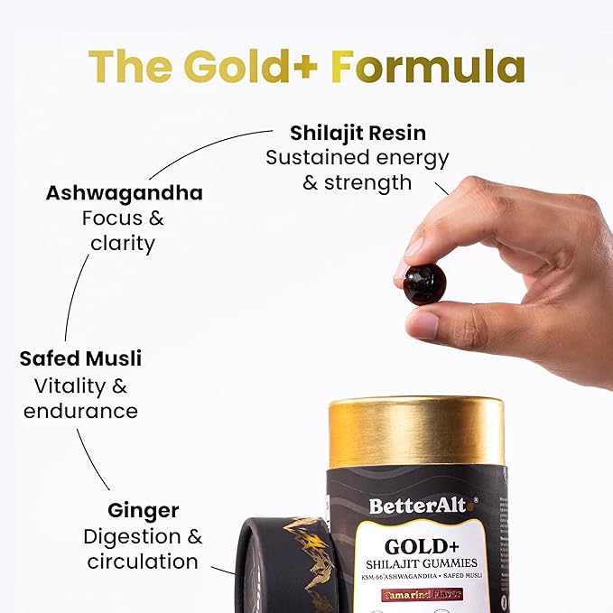 Better Alt Gold+ Shilajit Gummies | with Ashwagandha Safed MusliShilajit Resin &amp Ginger |Helps Boost Energy &amp Improves Stamina |1-Month Dietary Supplement|60 Gummies