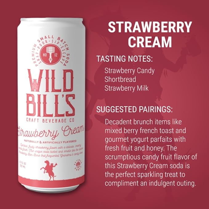 Wild Bill's Strawberry Cream Soda Classic Craft Soda Pop Soft Drinks Sodas Made with Pure Cane Sugar Caffeine Free NO High Fructose Corn Syrup Gluten Free Vegan Low Sodium 12 Oz 12 Pack
