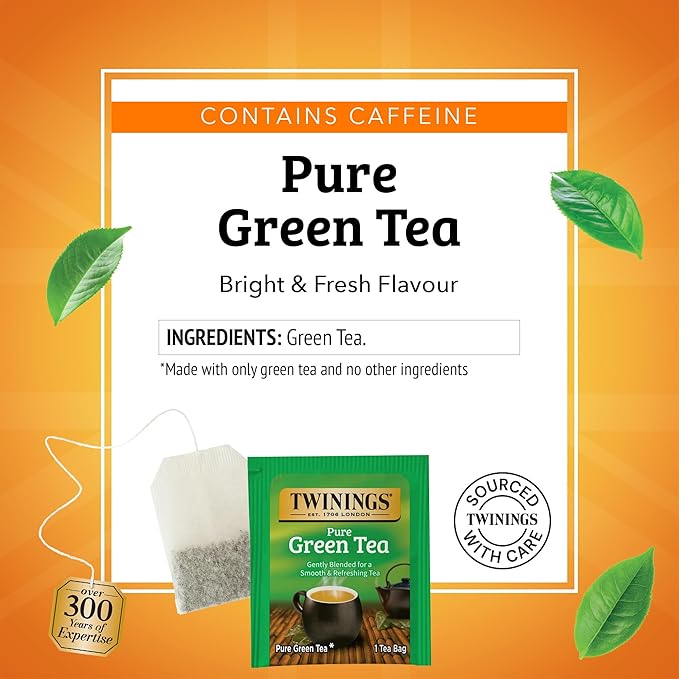 Twinings Pure Green Tea Individually Wrapped Bags 50 Count (Pack of 6) Smooth Flavour Enticing Aroma Caffeinated Enjoy Hot or Iced 300 Teabags