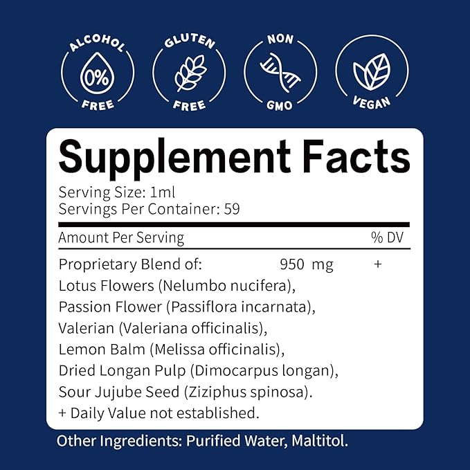 Lotus Flowers Extract Drops for Relaxation Restful Sleep Support 6-in-1 Herbal Supplement with Valerian Passion Flower and More. High Concentration &amp Fast Absorption Liquid Form. 2oz