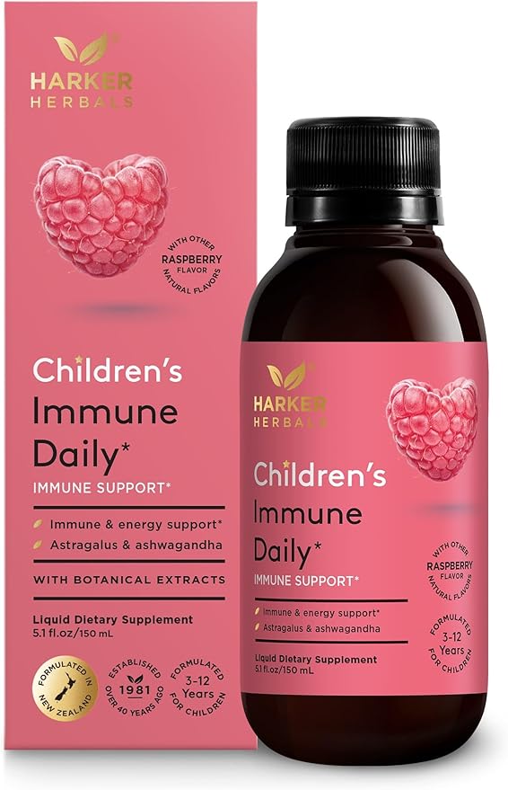 Children's Immune Daily Syrup Herbal Health &amp Energy Support with Astragalus Codonopsis Ashwagandha &amp Licorice Root Sweet Raspberry Flavor Plant-Based - 5.1 Fl oz (30 Servings)