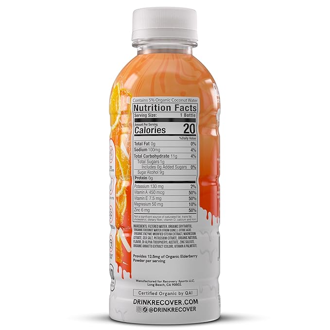 RECOVER 180 Organic Sports Hydration Drink No Sugar Added 20 Calorie Sports Beverage Organic Flavors With Vitamins Potassium-Packed Electrolytes (16.9 Fl Oz (Pack of 12) Orange Cream)