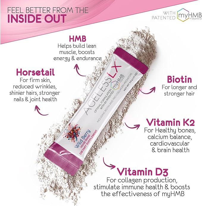AgelessLX Powder Supplement for Women - with HMB Collagen Enhancer Plus Vitamin D3 with K2 Horsetail and Biotin for Lean Muscle and Stronger Hair and Nails - 30 Powder Packets Wild Berry