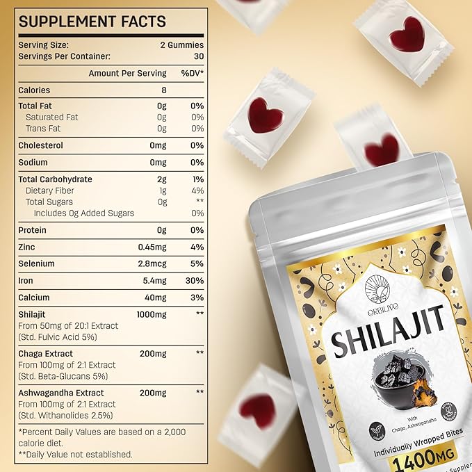 1400 MG Shilajit Gummies Shilajit Pure Himalayan Organic Gummies with Ashwagandha Himalayan shilajit for Men 85+ Trace Minerals &amp Fulvic Acid Individually Wrapped Sugar-Free 60 Gummies