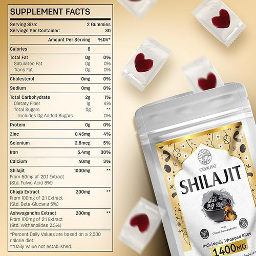 1400 MG Shilajit Gummies Shilajit Pure Himalayan Organic Gummies with Ashwagandha Himalayan shilajit for Men 85+ Trace Minerals &amp Fulvic Acid Individually Wrapped Sugar-Free 60 Gummies