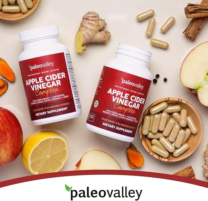 Paleovalley Apple Cider Vinegar Complex with Superfoods - Turmeric Ginger Ceylon Cinnamon and Lemon - 84 Vegetable Capsules
