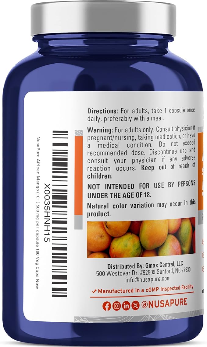 NusaPure African Mango 10:1 Extract 500 mg Equivalent to 5000 mg per Veggie Caps 180 Capsules (Non-GMO Vegan)