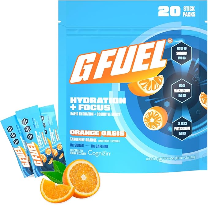 G Fuel Electrolytes Powder for Instant Hydration and Focus | Sugar Free Orange Oasis Flavor Electrolyte and Nootropic Drink Mix to Sharpen Mental Focus 20 Servings