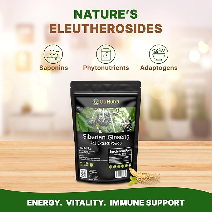 Go Nutra Siberian Ginseng - Eleuthero Root Powder | 4:1 Extract 4X Times Stronger | Supports Energy &amp Stamina | Natural &amp Adaptogenic | Eleutherococcus Senticosus | Non-GMO | 1lb (16 Ounce)