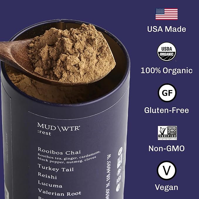MUD\WTR Rest Evening Mushroom Blend Powder | 2240mg Adaptogenic Mushroom Tea | Sleep Support Wind Down &amp Relaxation Tea | USDA Organic &amp Vegan | Turkey Tail Reishi Ashwagandha | 30 Serving