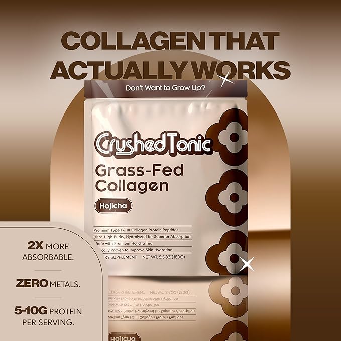 Crushed Tonic Bovine Collagen Powder Korean Beauty Drink with Hydrolyzed Collagen Peptides for Skin Hair &amp Nails | Gluten-Free Halal &amp Kosher (Hojicha 30 Servings (150 g) Pouch)