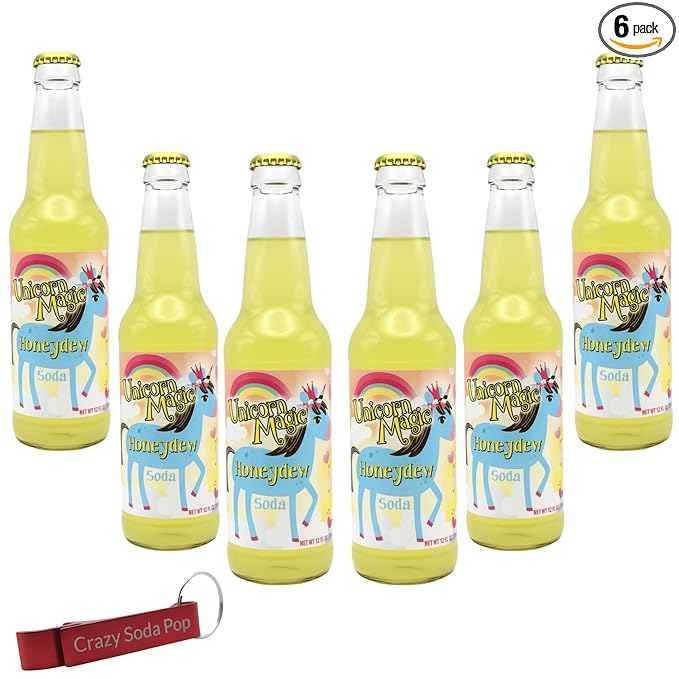 Generic Unicorn Magic Honeydew Soda | 6 Pack of Magical Unicorn Soda Pop with Real Cane Sugar | 12 oz Glass Bottles in a 6 Pack with Crazy Soda Pop Bottle Opener
