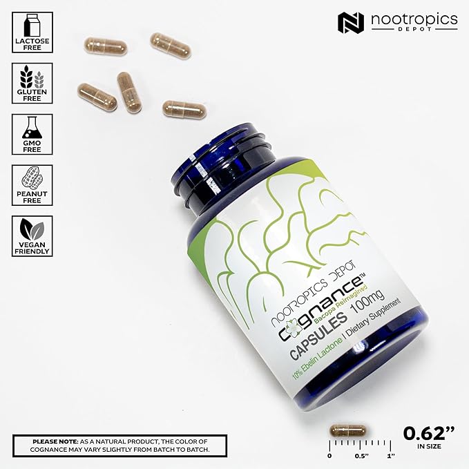 Nootropics Depot Cognance Enhanced Bacopa Capsules | 100mg | 10% Ebelin Lactone | Bacopa monnieri | Mood Memory &amp 5-HT2A Activation 180 Count (Pack of 1)