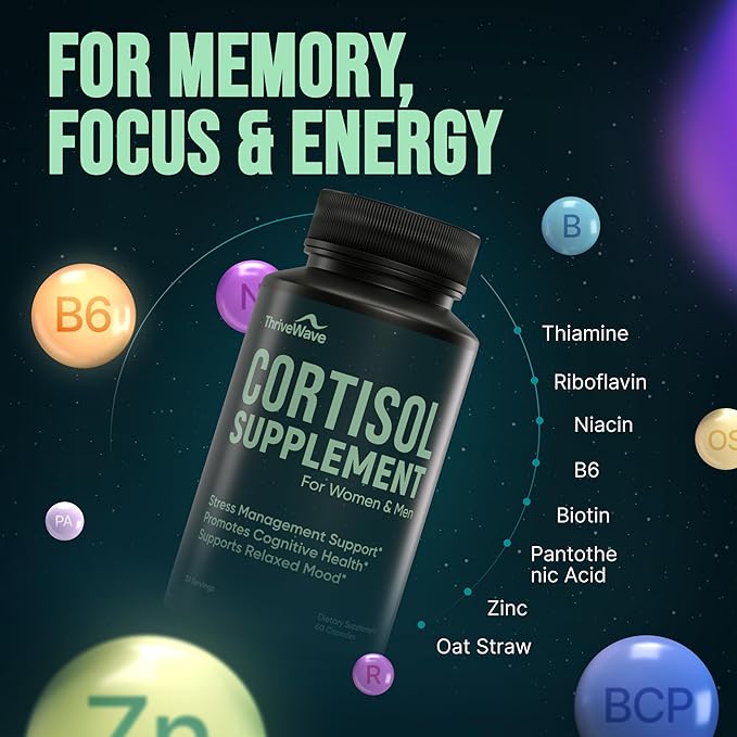Cortisol Supplements for Women &amp Men - Bacopa Monnieri Lemon Balm Ashwagandha with 5 HTP GABA L-Theanine Supplement - Stress &amp Mood Support for Adults - Happy Pills for Nerve Calm - 60 Cap