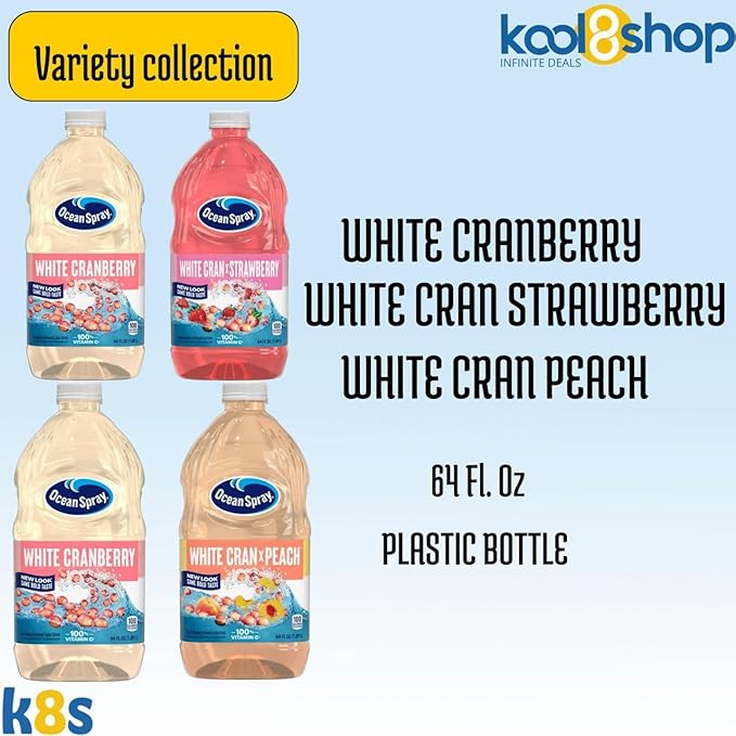 Ocean Spray Variety Pack White Cran Juice Drink Flavors May Vary 64 fl oz Plastic Bottles 4 Pack + 15 Sugarcane Disposable Straws by KOOL8SHOP Infinite Deals