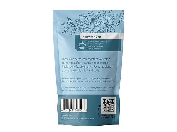 Memory &amp Focus Tea Blend: Gotu Kola Eleuthero Root Ginkgo Ho Shou Wu Peppermint Damiana Calendula Lemongrass Licorice Loose Leaf 3oz for Clarity &amp Focus Support
