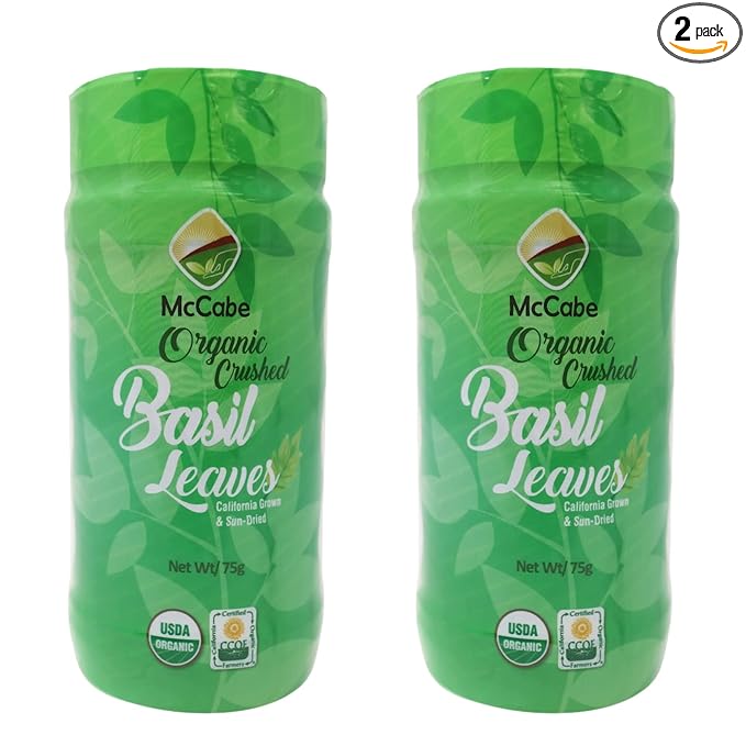 McCabe Organic Sun-Dried Crushed Basil Leaves 75g (0.16lbs) (2 Packs) USDA Certified Organic CCOF Organic Certified (California Certified Organic Farmers) Product of USA