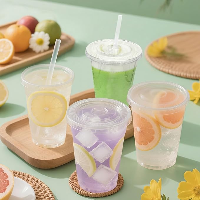 [100 SETS] 32 oz Cups with lids Plastic cups with lids and straws iced coffee cup suitable for takeout iced coffee cold drinks smoothies juices parfaits Frappuccinos and milkshakes.