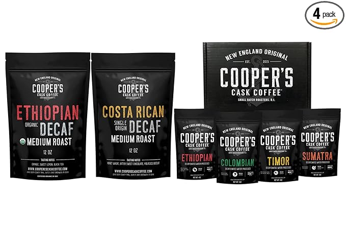 Decaffeinated Gourmet Coffee Sampler Gift Box Set - Whole Beans - 4-Pack - 4oz Organic Ethiopian Decaf Swiss Water Processed SWP - Whole Bean Coffee - 12oz and Decaf Costa Rican Coffee Medium Roast