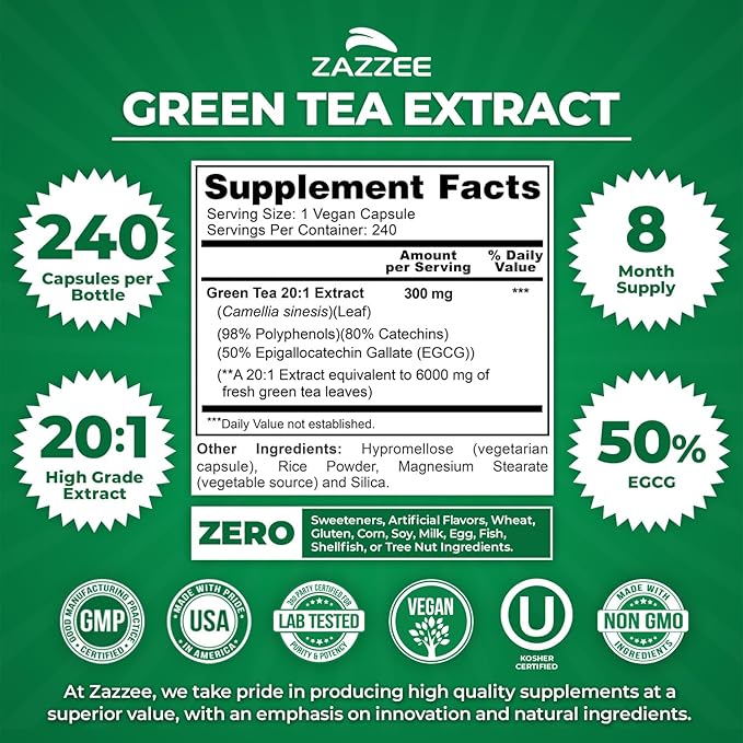 Zazzee Extra Strength Green Tea 20:1 Extract 50% EGCG 98% Polyphenols 80% Catechins 240 Vegan Capsules 8 Month Supply Certified Kosher Antioxidant &amp Metabolism Support Non-GMO Made in the