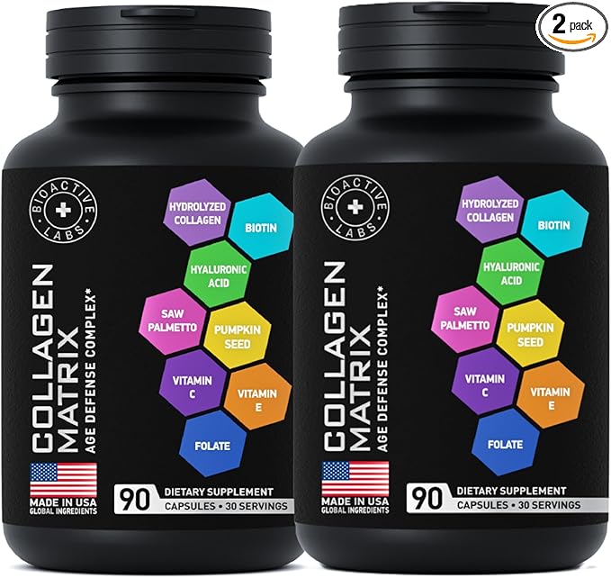 Age Defense Beauty Collagen Matrix - 2000mg Multi Collagen Biotin Keratin Hyaluronic Acid Saw Palmetto Supplement Complex - DHT Blocker for Men &amp Women for Hair Growth - 2-PACK 180 Gluten-Free C