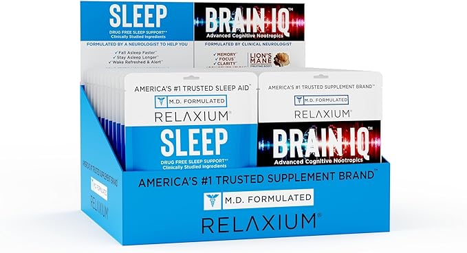Relaxium Sleep &amp Brain IQ Capsules – Travel Pack – Doctor Formulated Sleep Aid &amp Nootropic Brain Support – Melatonin GABA Ashwagandha – Focus &amp Rest Support – 24 Pouches - 6CT Each