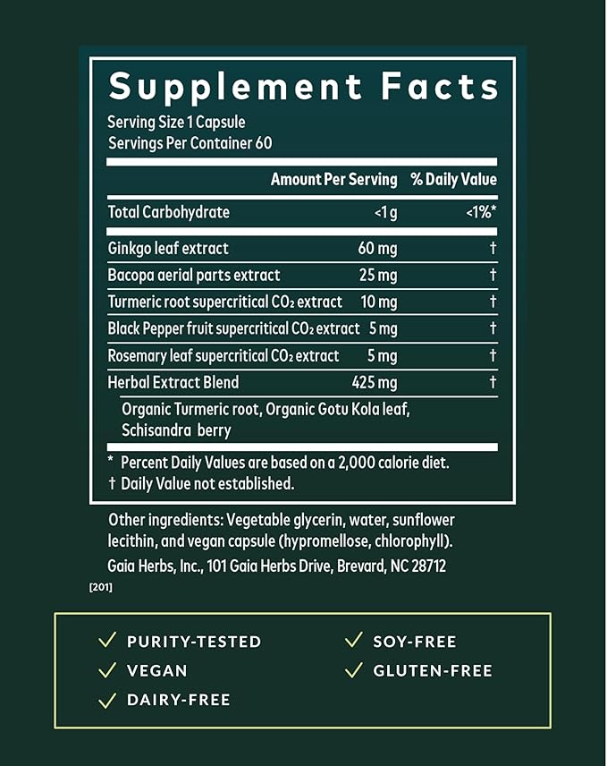 Gaia Herbs Agile Mind - Brain Support Herbal Supplements - Brain Circulation Support* - with Turmeric Root Bacopa Black Pepper &amp Ginkgo Biloba - 60 Vegan Liquid Phyto-Capsules (60 Servings)